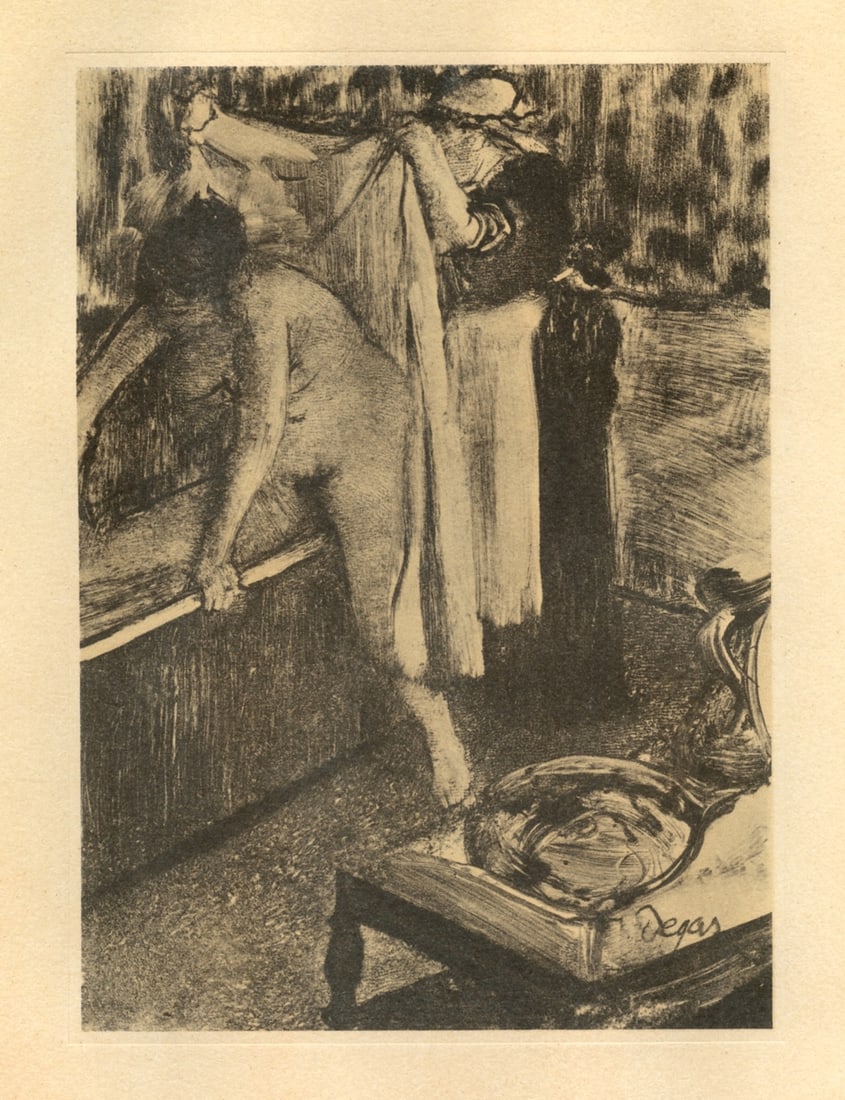 Edgar Degas monotype "Femme sortant du bain": Title: Edgar Degas monotype "Femme sortant du bain" Description: Medium: engraving. This recreation (after the original monotype) was printed in a limited edition of 1000 and published in Paris in 194