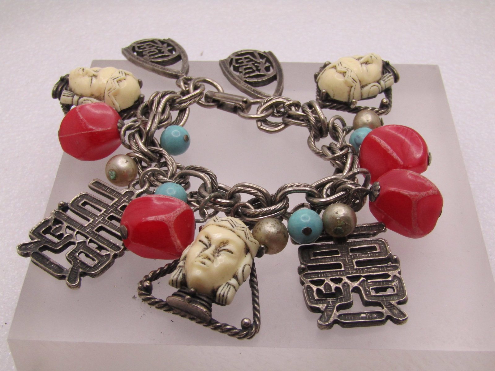Vintage Asian Selini Charm Bracelet, Symobols & Faces, 7.5", Mid-Century - 2