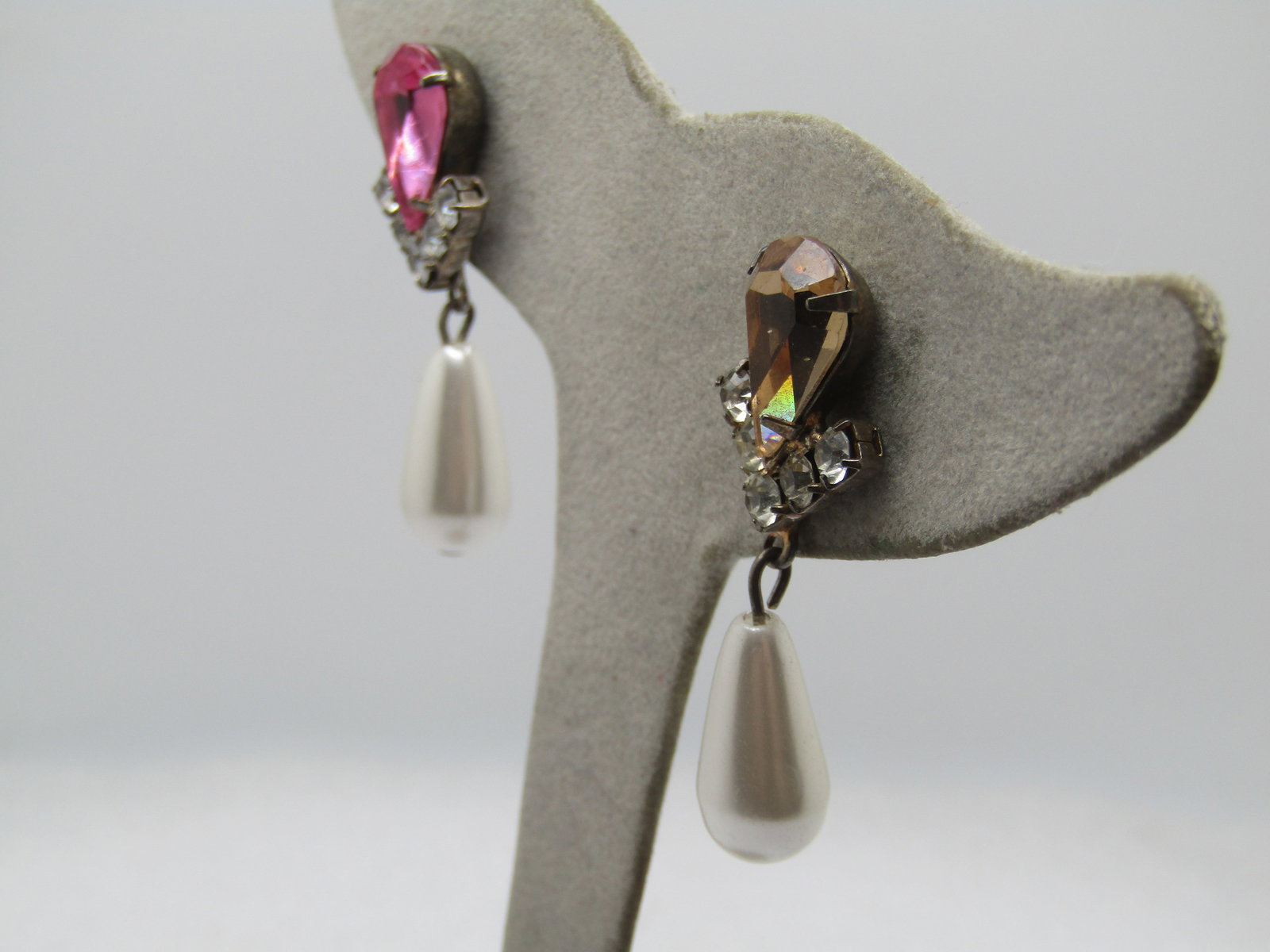 Vintage Sterling Rhinestone Faux Pearl Earrings, Drop, Pierced, 1980's - 2