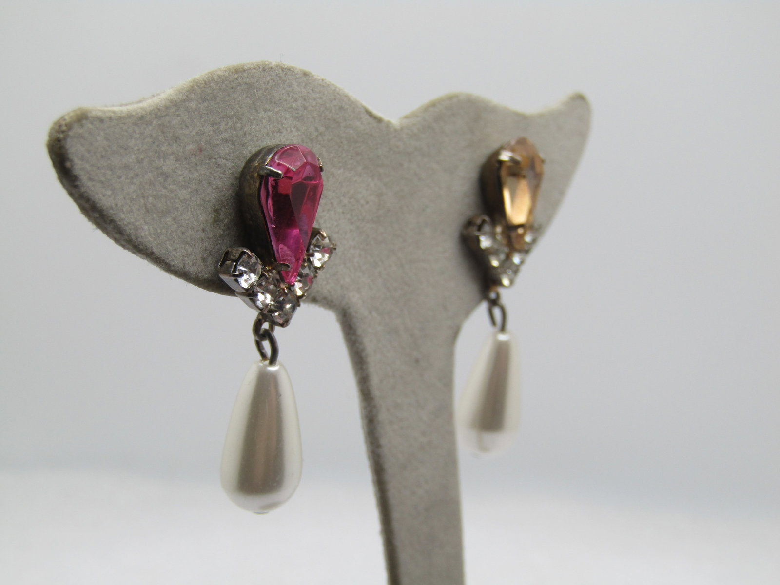 Vintage Sterling Rhinestone Faux Pearl Earrings, Drop, Pierced, 1980's - 3