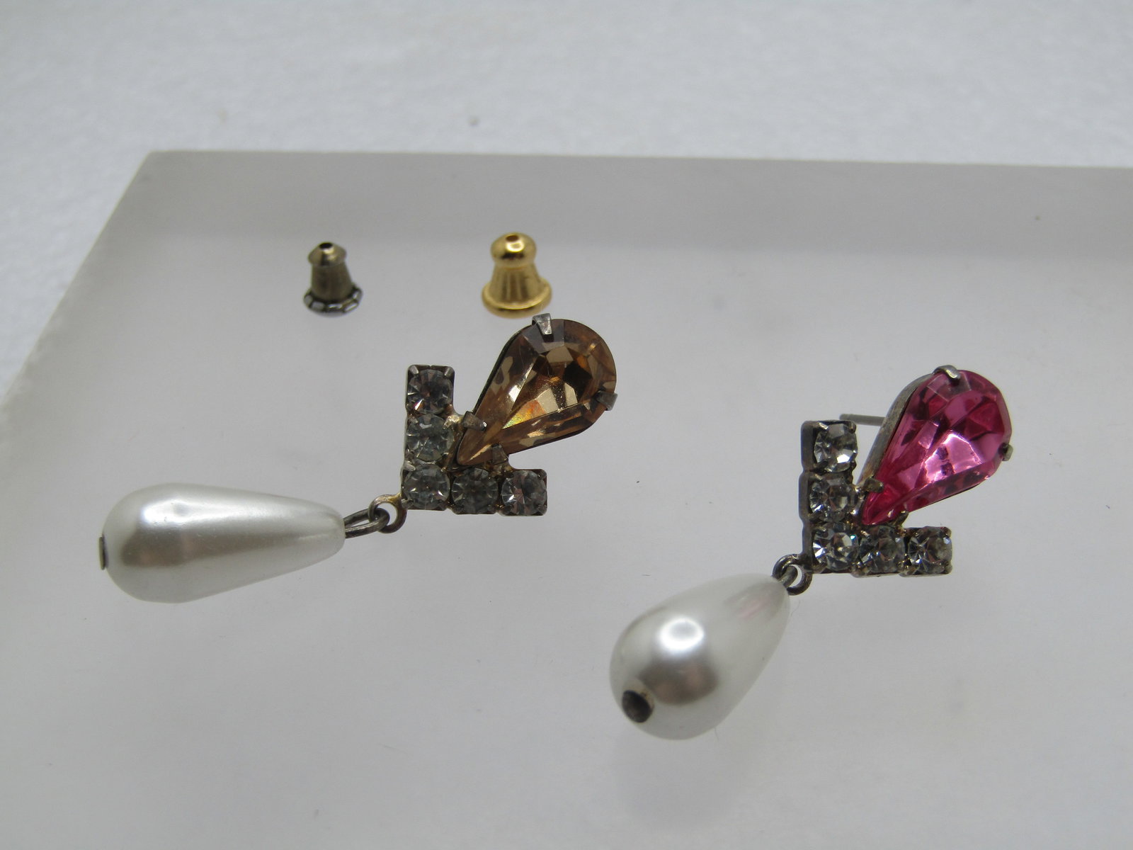 Vintage Sterling Rhinestone Faux Pearl Earrings, Drop, Pierced, 1980's - 5