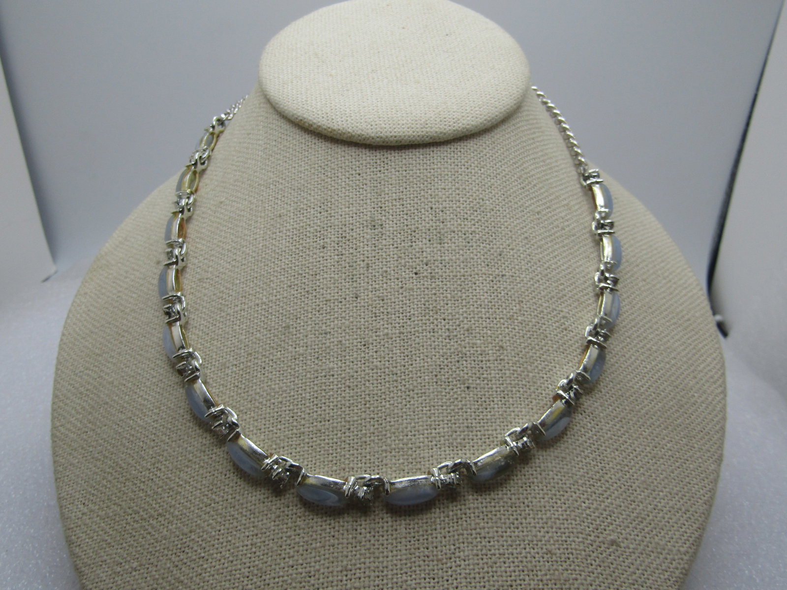 Vintage Blue Stone Necklace & Bracelet Set, 1980's: Vintage Blue Stone Necklace & Bracelet Set, 1980's, The necklace is 17" and the bracelet is 7.25". The stones are a clear glass with light blue throughout with the look of an agate. The stones are