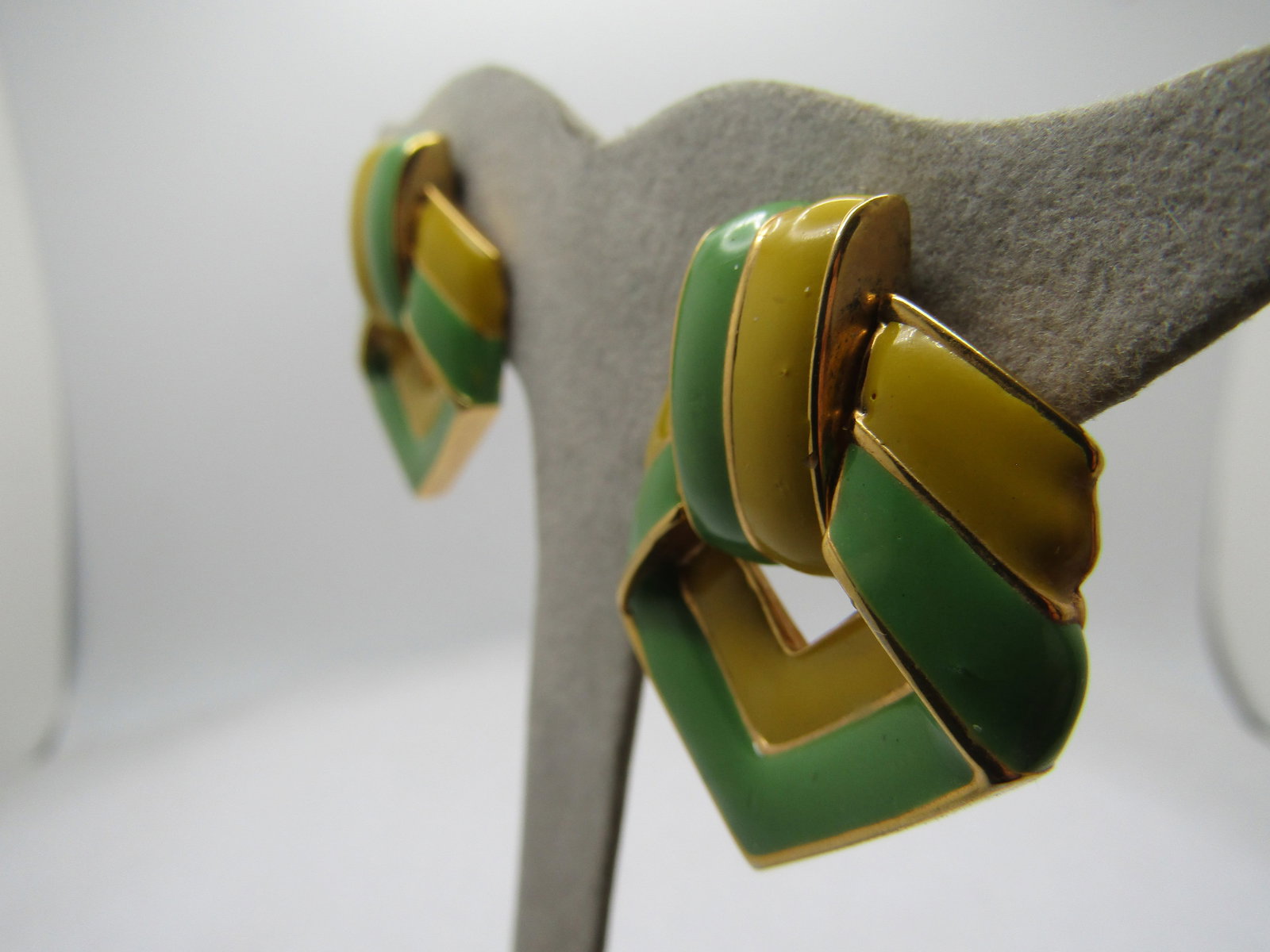Vintage Enameled Yellow/Green Earrings, Swivel Clips, 1960's-1970's - 2