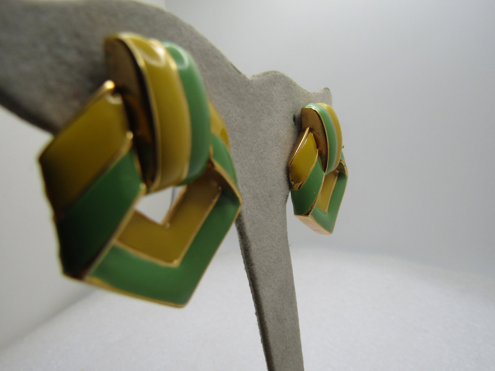 Vintage Enameled Yellow/Green Earrings, Swivel Clips, 1960's-1970's - 3