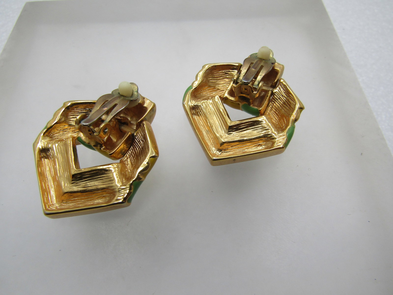 Vintage Enameled Yellow/Green Earrings, Swivel Clips, 1960's-1970's - 5