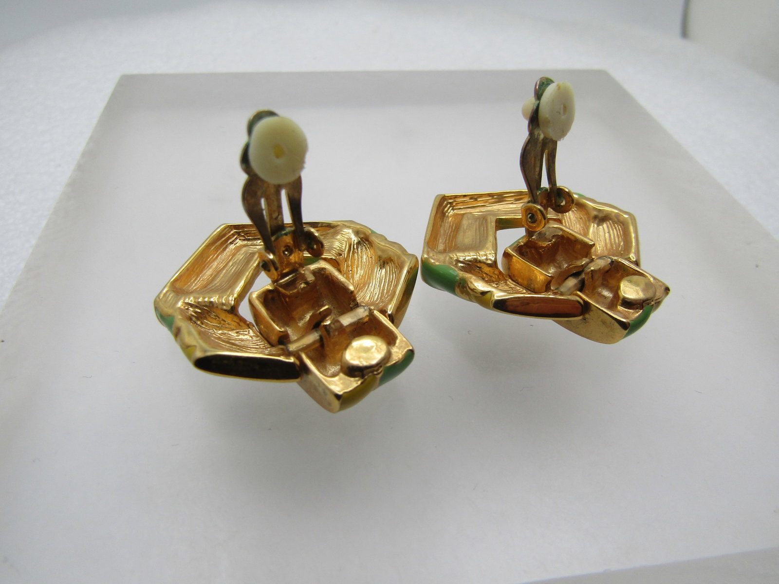 Vintage Enameled Yellow/Green Earrings, Swivel Clips, 1960's-1970's - 6