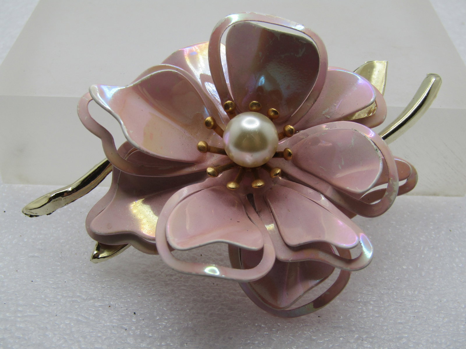 Vintage Pink Iridescent Floral Brooch, Faux Pearl, 1960's (1 of 4)