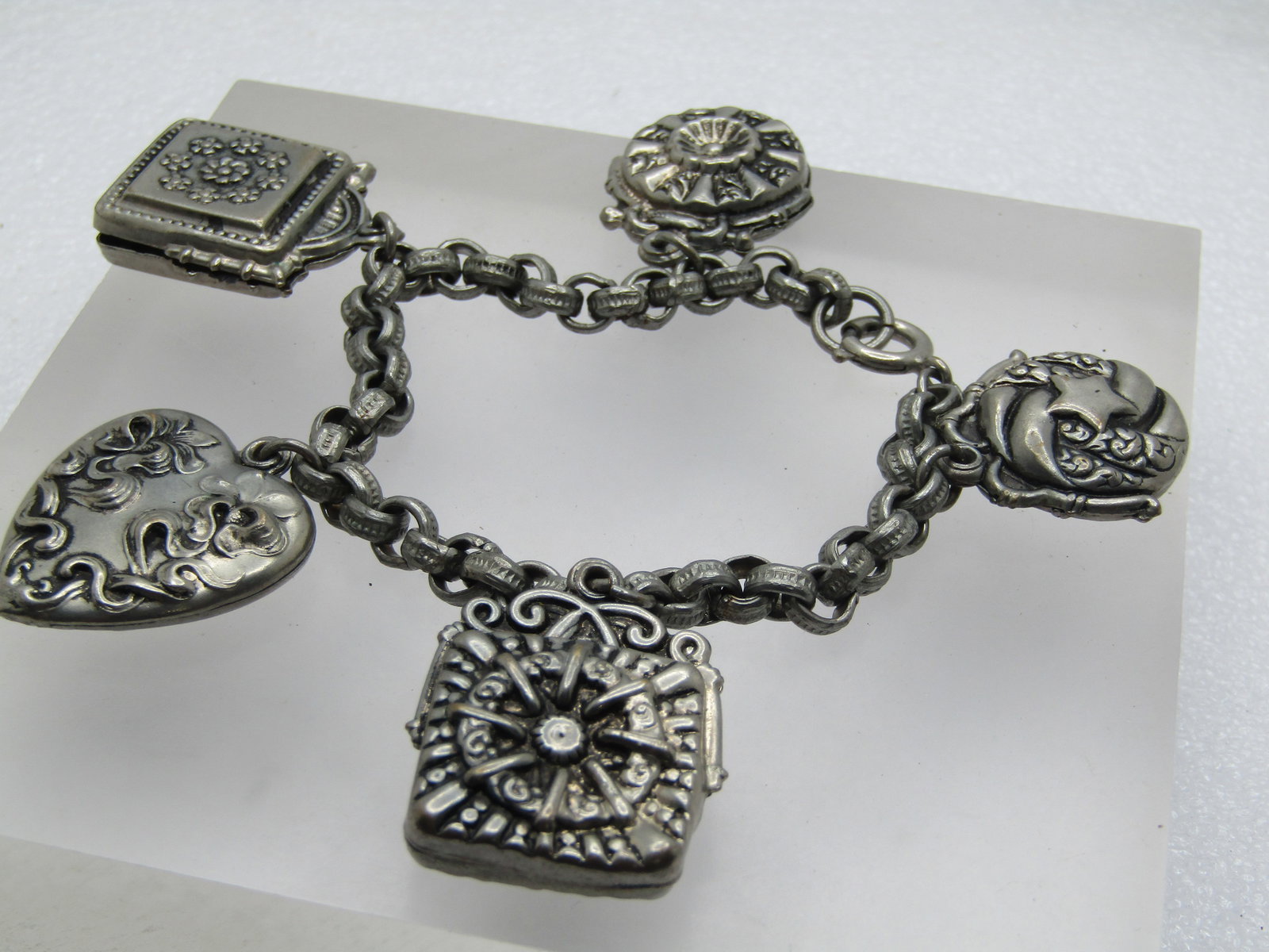 Vintage Faux Locket Charm Bracelet, 7.25", 1940's - 3