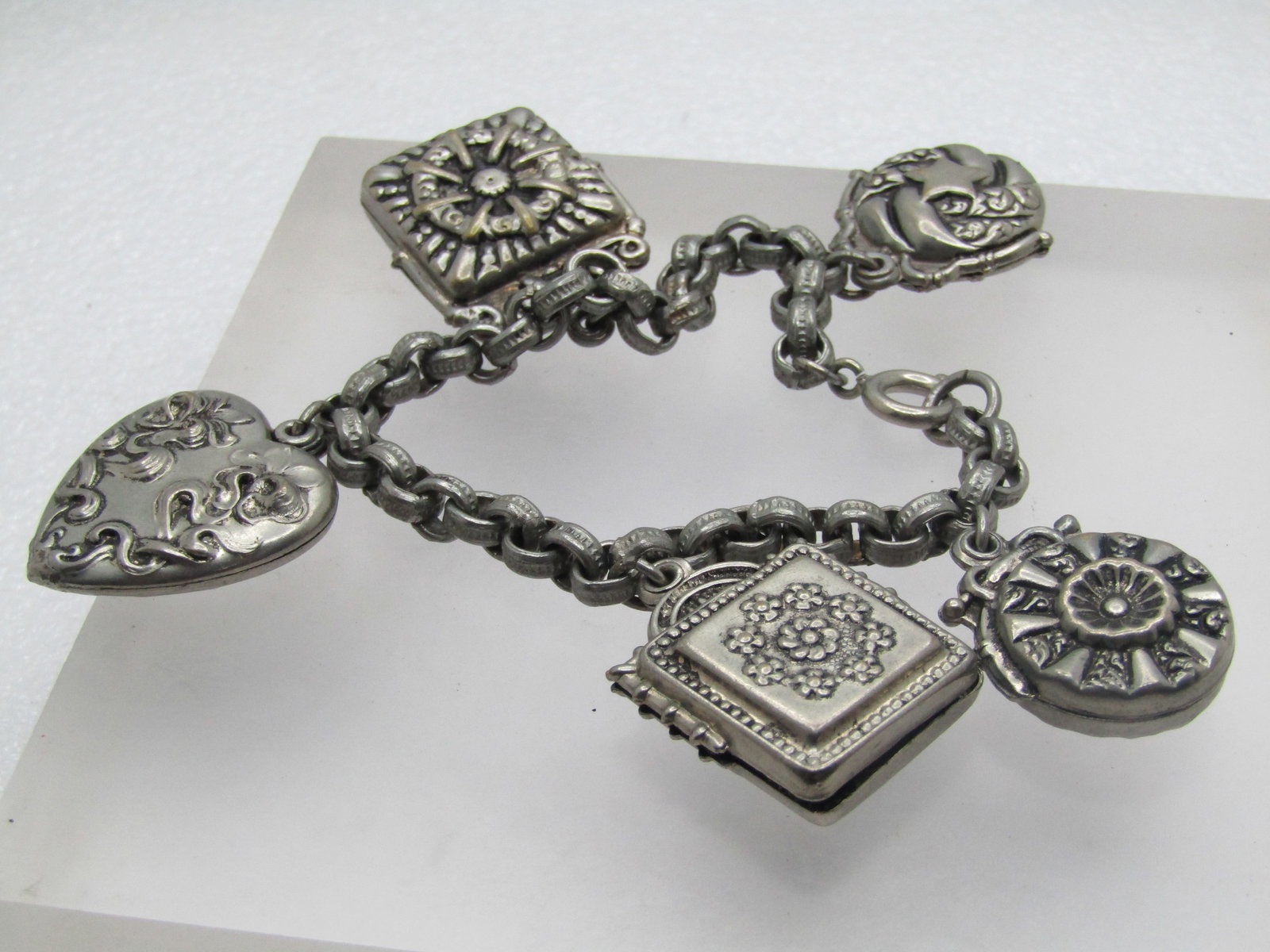 Vintage Faux Locket Charm Bracelet, 7.25", 1940's - 4