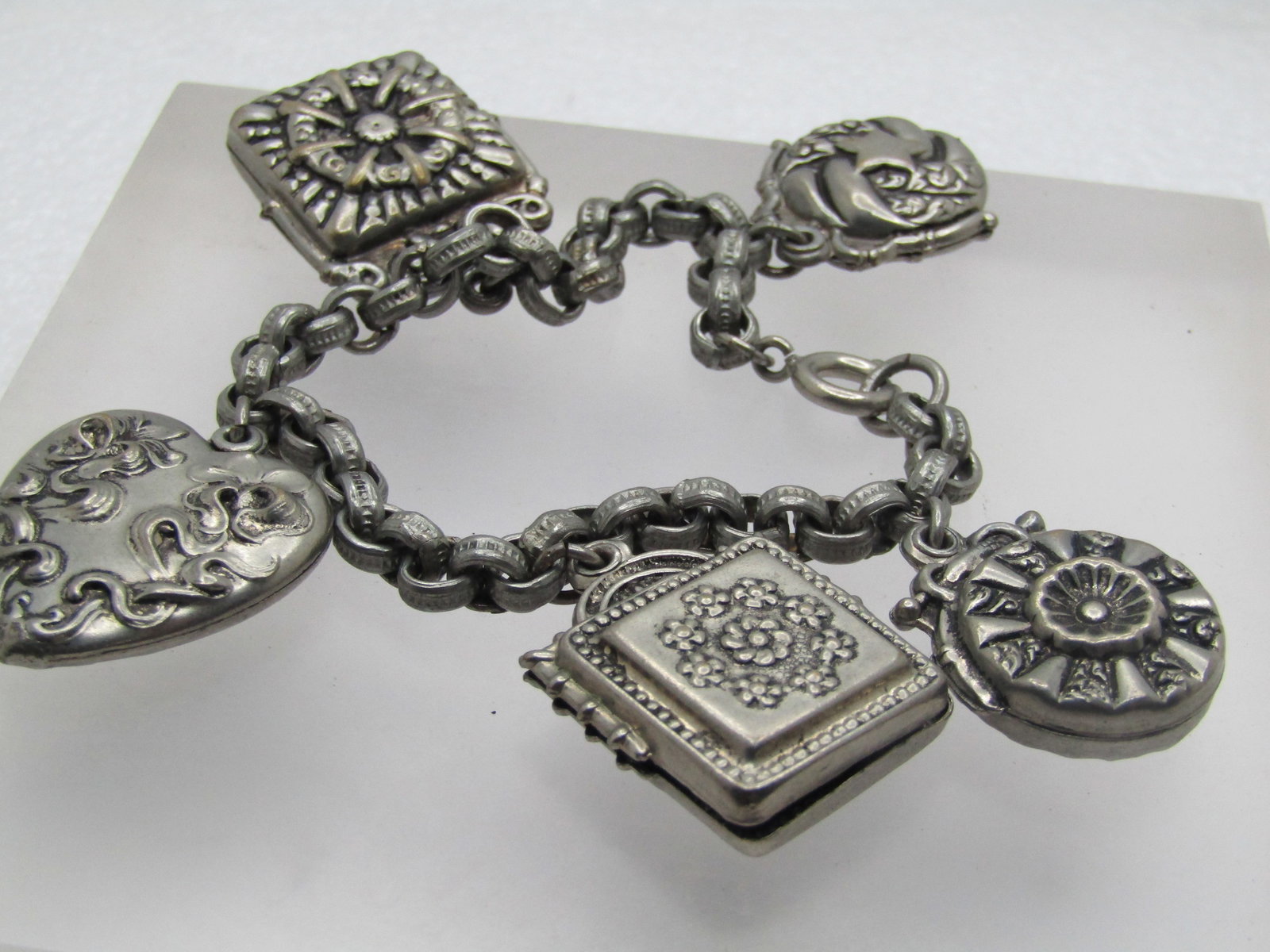 Vintage Faux Locket Charm Bracelet, 7.25", 1940's - 5