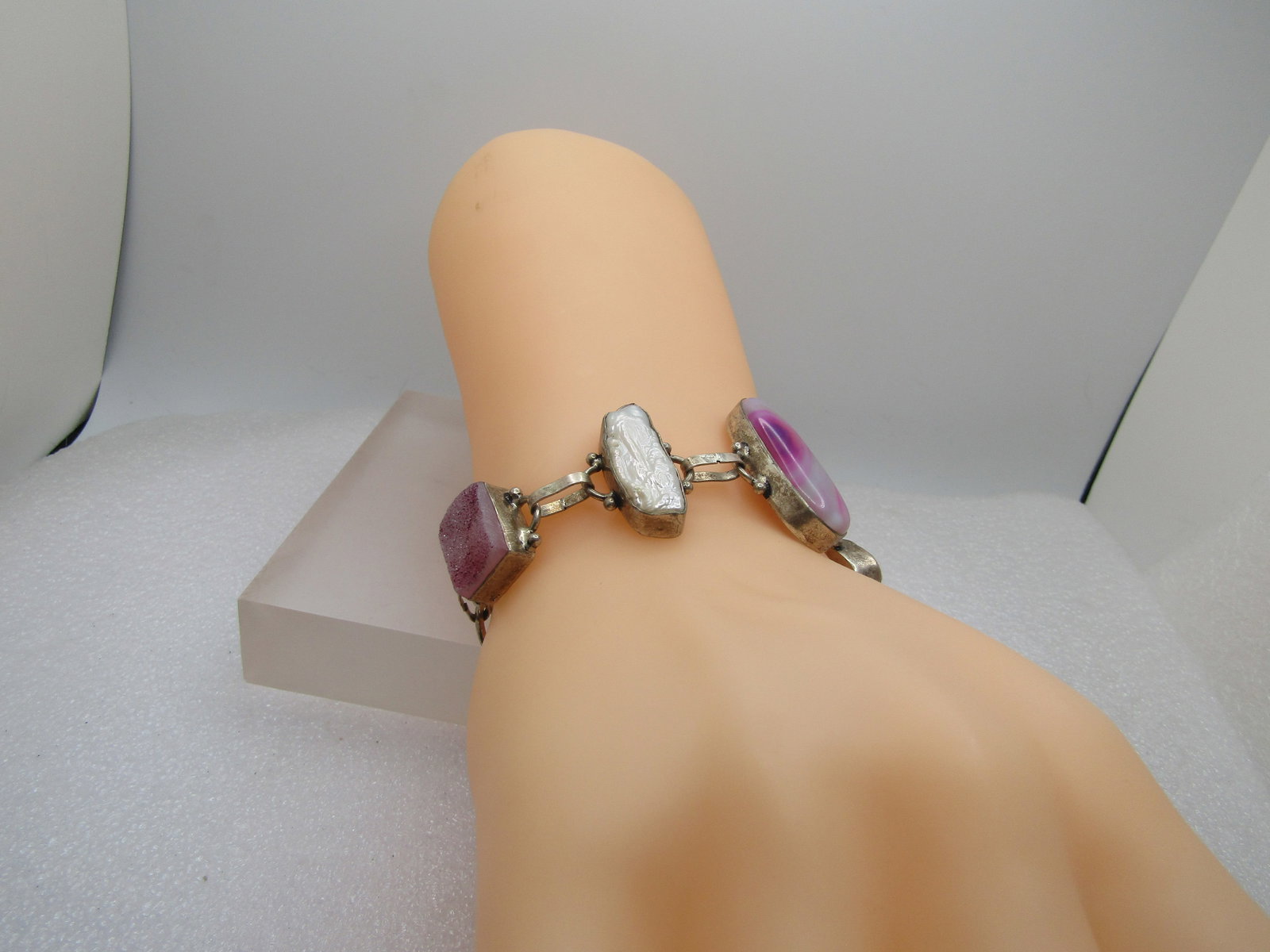 Vintage Pink Quartz and Pearl Bracelet, 7.75", Toggle Clasp. 1990's - 2