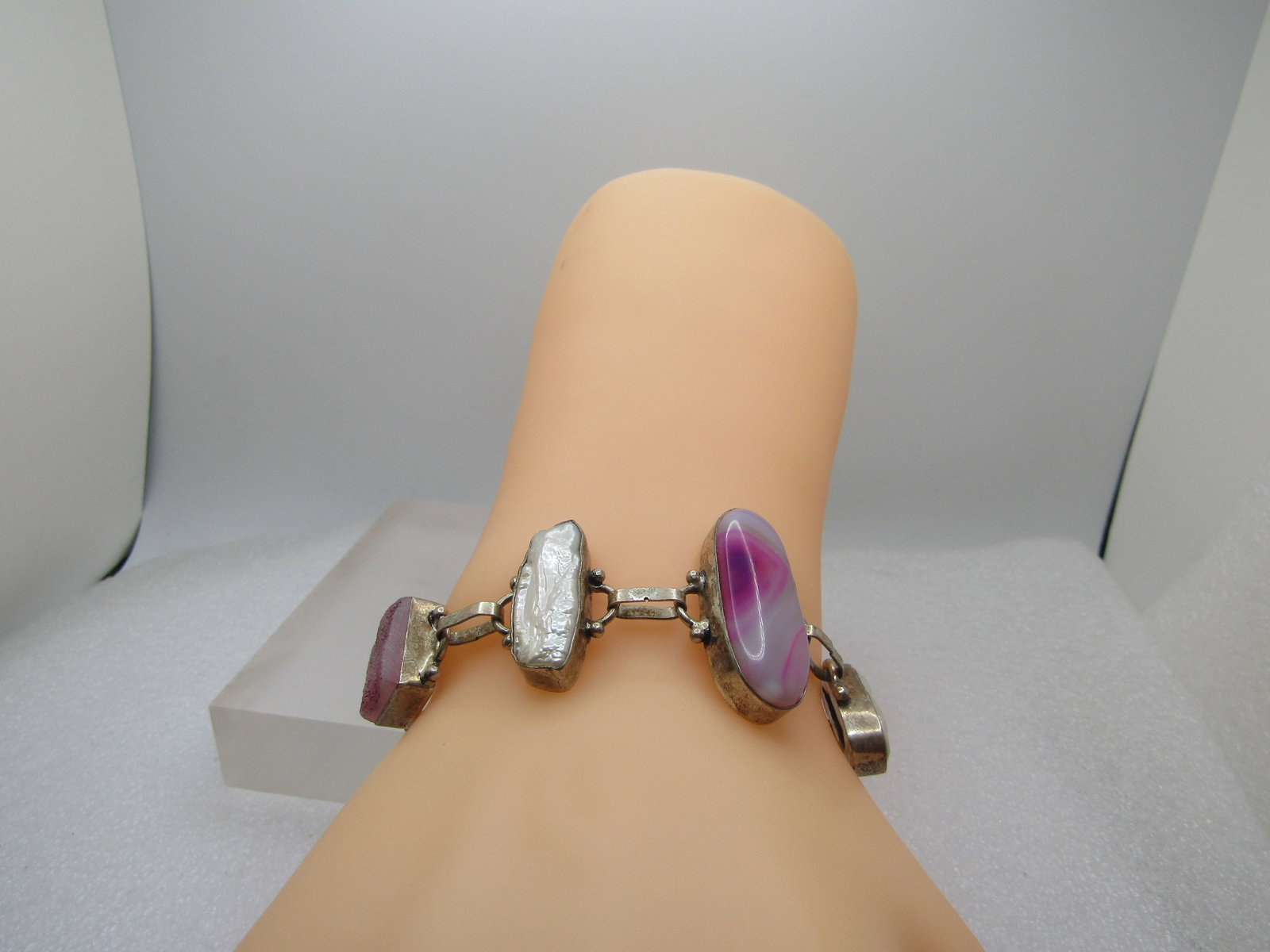 Vintage Pink Quartz and Pearl Bracelet, 7.75", Toggle Clasp. 1990's - 3