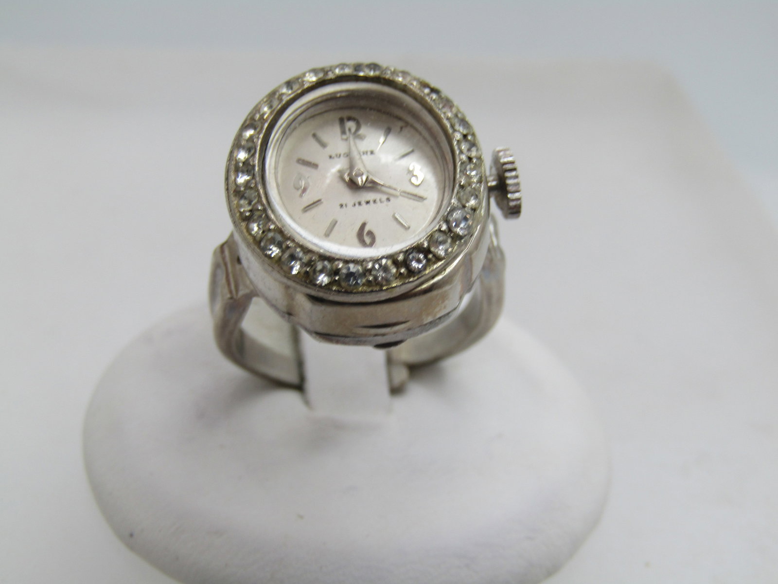 Vintage Lucerne Rhinestone Watch Ring, Adjustable, WORKS, 21 Jewels, 1980's - 2