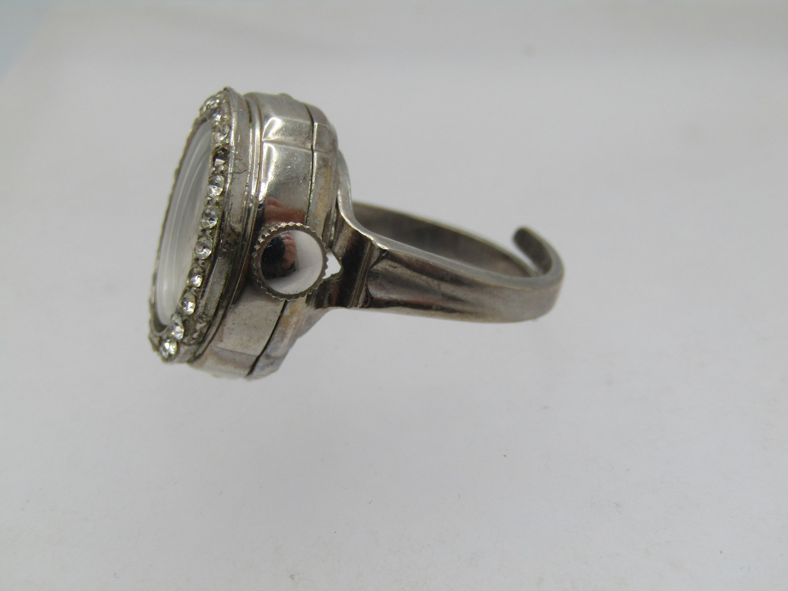 Vintage Lucerne Rhinestone Watch Ring, Adjustable, WORKS, 21 Jewels, 1980's - 3