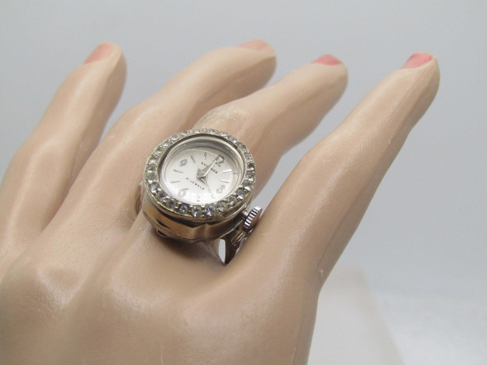 Vintage Lucerne Rhinestone Watch Ring, Adjustable, WORKS, 21 Jewels, 1980's - 6