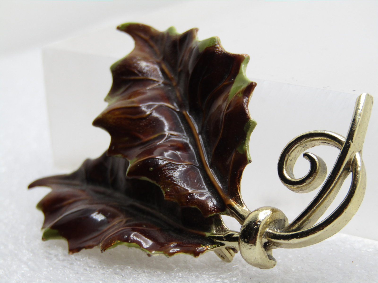 Vintage Enameled Brown/Green Holly Leaf Brooch, 2.75", 1960's - 2