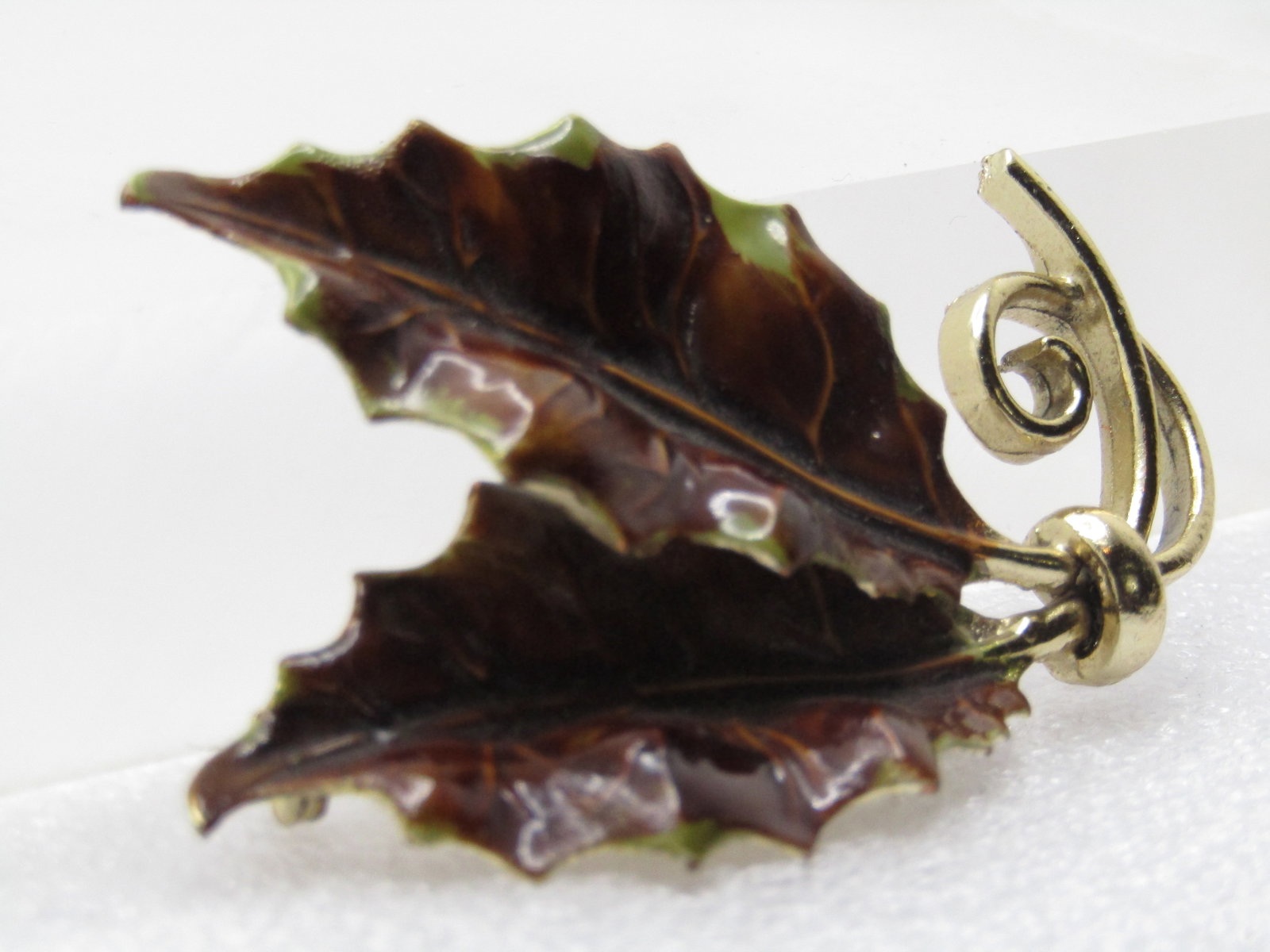 Vintage Enameled Brown/Green Holly Leaf Brooch, 2.75", 1960's - 3