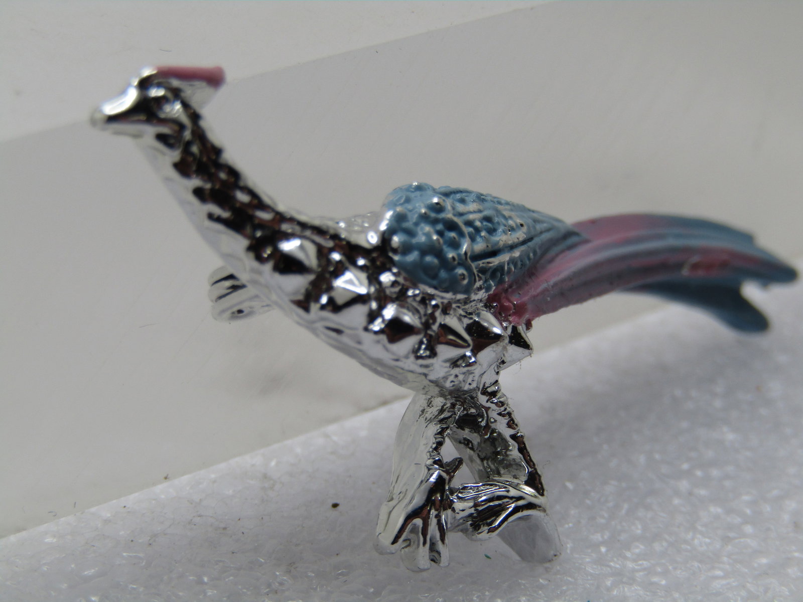 Vintage Enameled Pink Blue Peacock Brooch, 1950's-1960's, Feathers Closed - 2