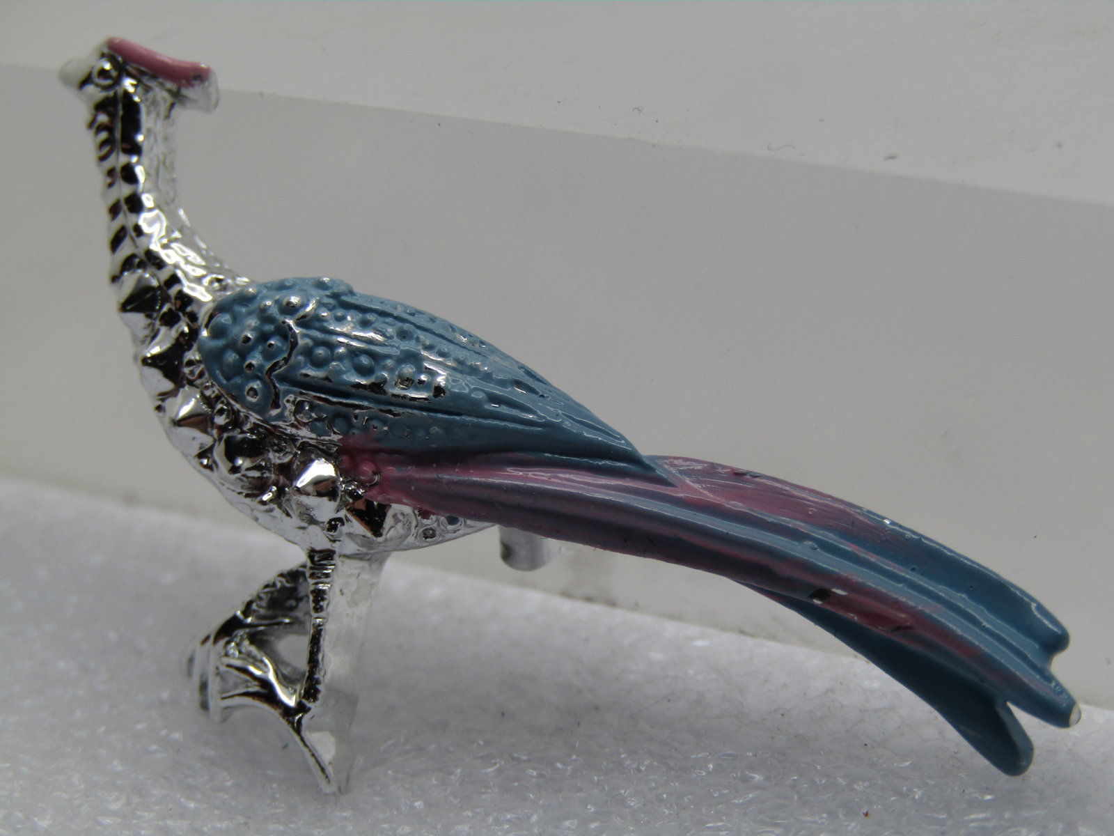 Vintage Enameled Pink Blue Peacock Brooch, 1950's-1960's, Feathers Closed - 3