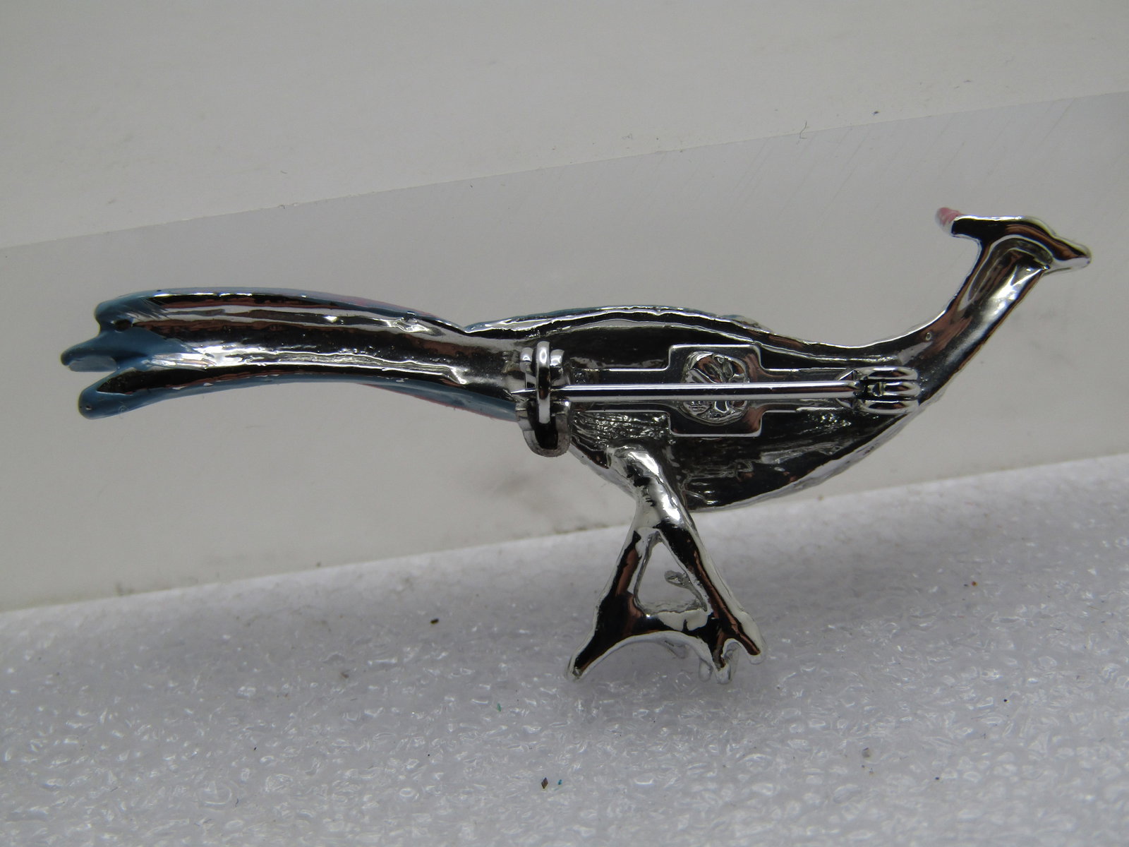 Vintage Enameled Pink Blue Peacock Brooch, 1950's-1960's, Feathers Closed - 4