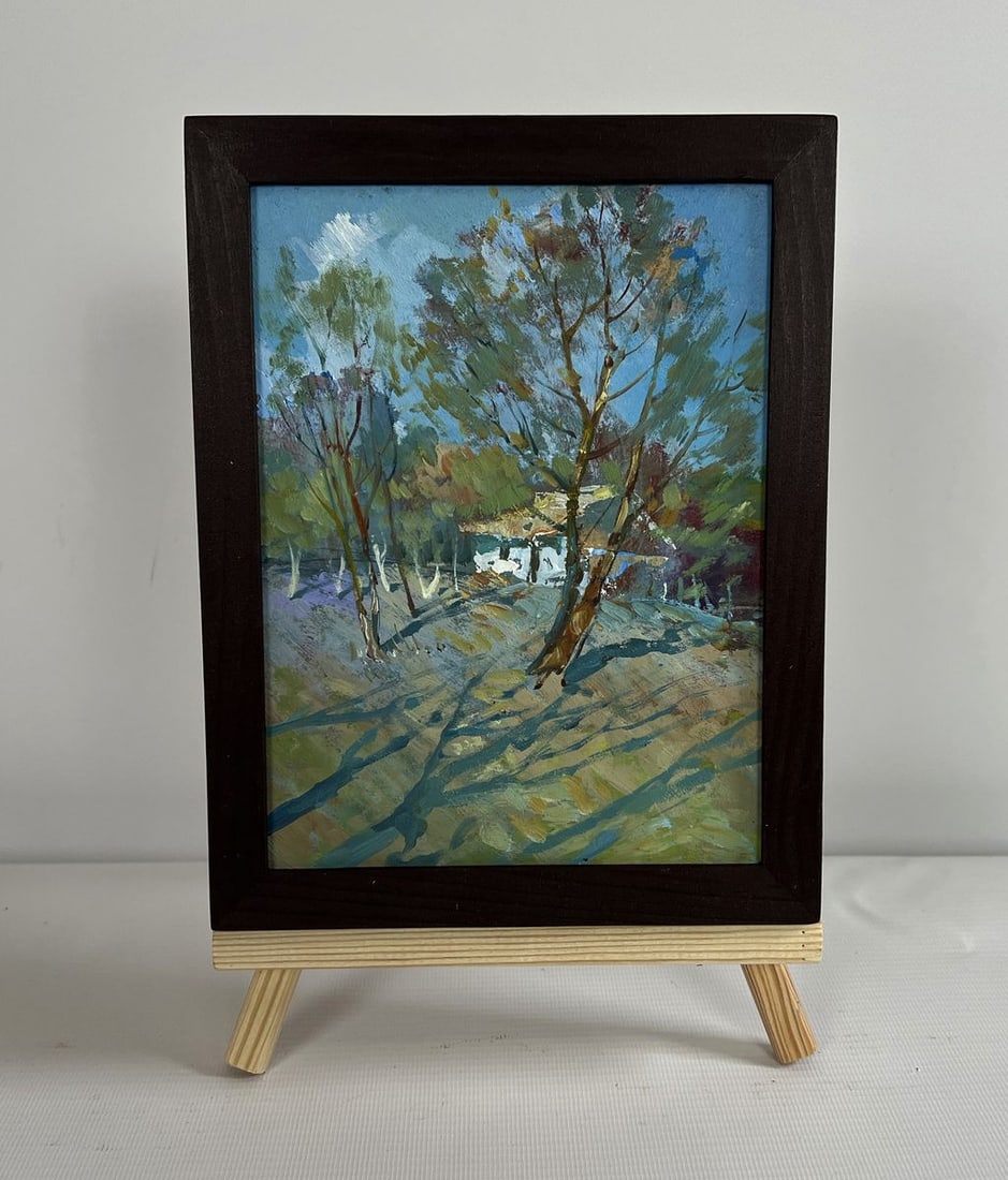 Oil painting In the shade of the trees Yuriy Suprunchuk: Title: Oil painting In the shade of the trees Yuriy Suprunchuk Description: NoAAA4307The painting "In the Shade of the Trees" captures a serene and tranquil moment in nature, where the interplay of li
