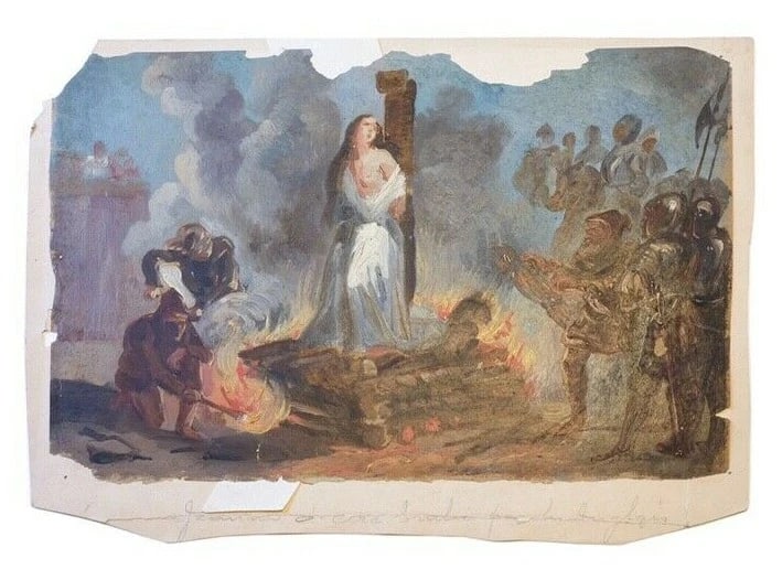 Joan of Arc at the Stack with the British Painting Antique Original 19th Oil - 2