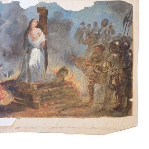 Joan of Arc at the Stack with the British Painting Antique Original 19th Oil - 4