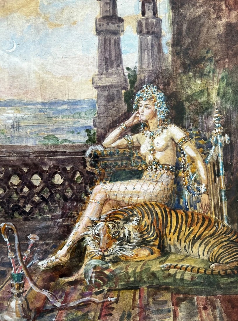 Horace DE CALLIAS (1847-1921) Princess and Tiger - Drawing Antique Original Old