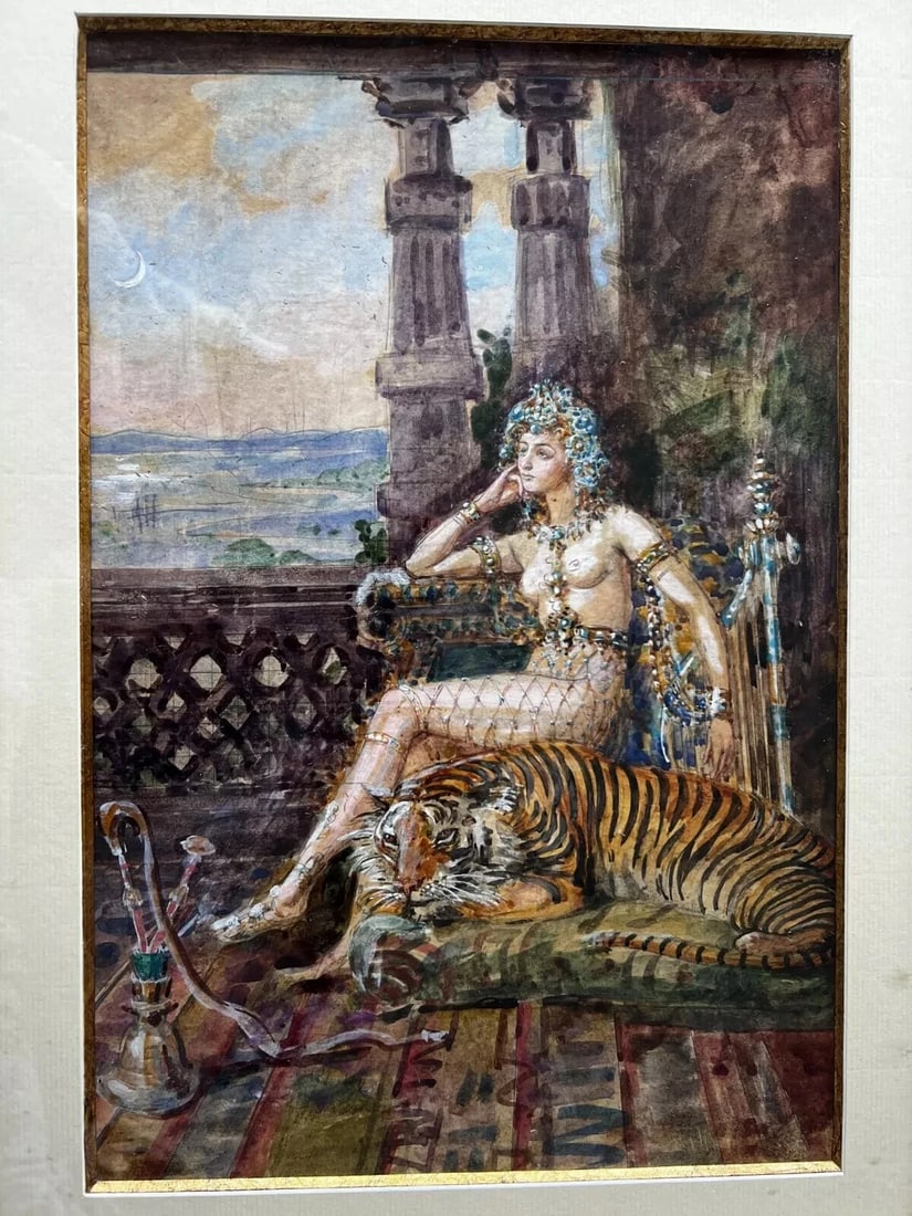 Horace DE CALLIAS (1847-1921) Princess and Tiger - Drawing Antique Original Old - 2