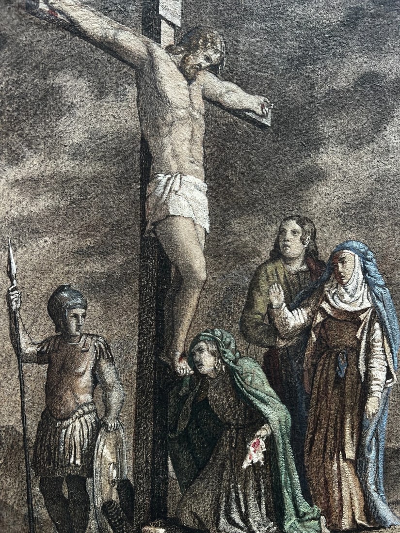 19th century Religious Christ on Cross and People Drawing Antique Original