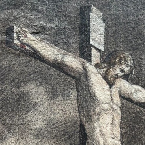 19th century Religious Christ on Cross and People Drawing Antique Original - 2