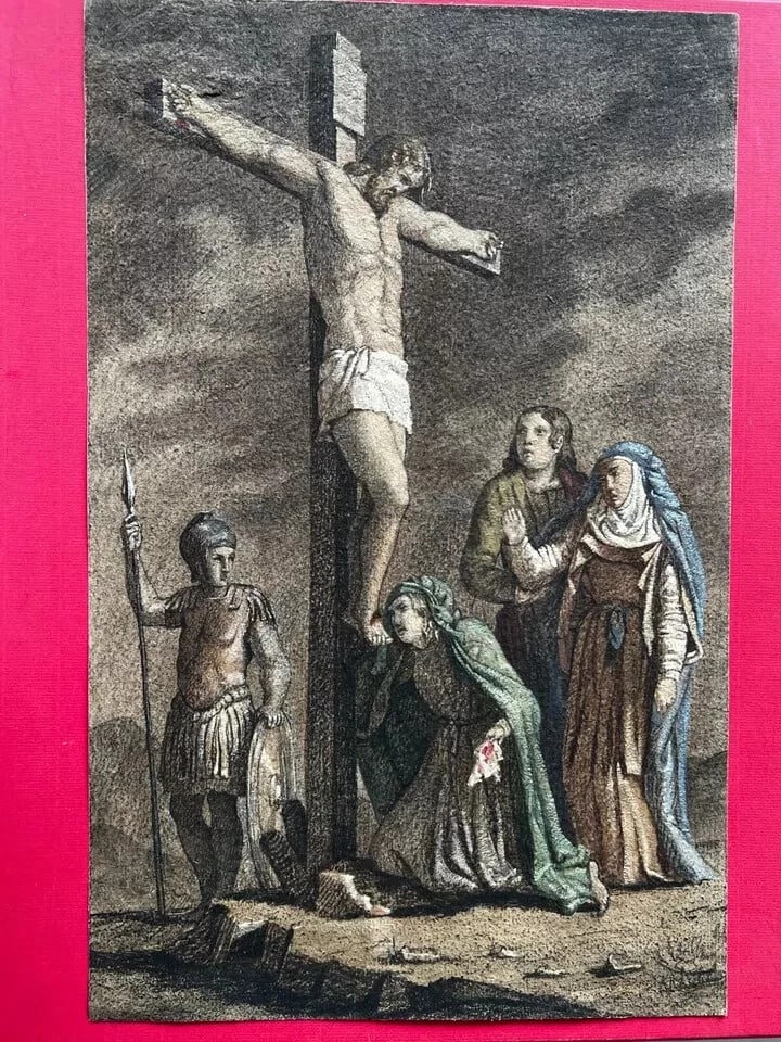 19th century Religious Christ on Cross and People Drawing Antique Original - 4