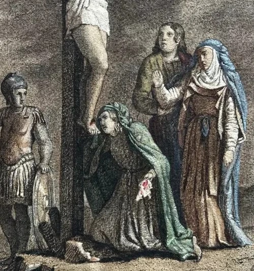 19th century Religious Christ on Cross and People Drawing Antique Original - 5