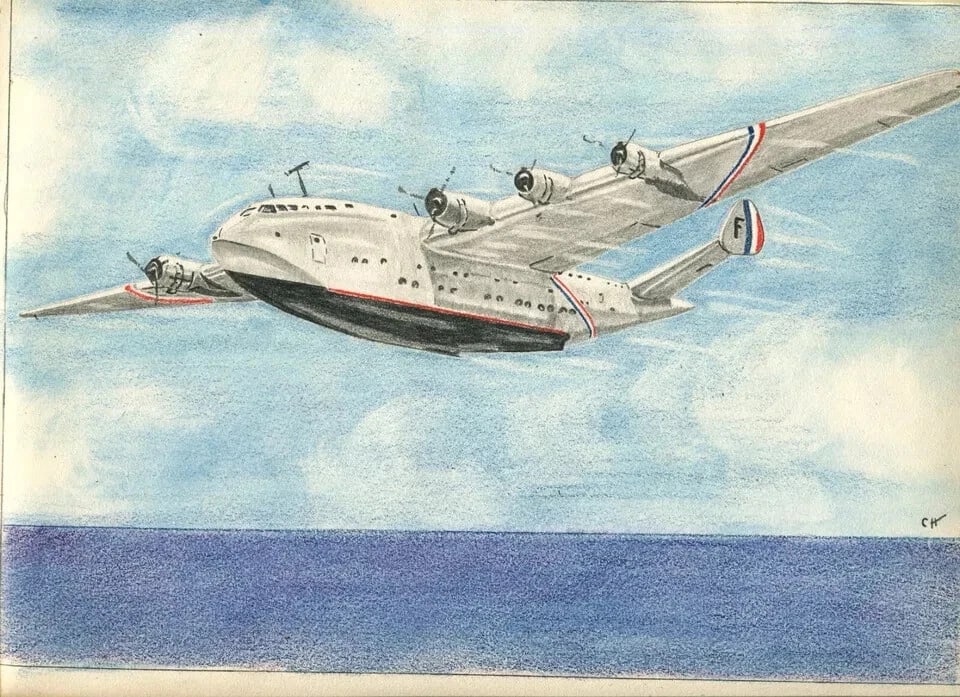 French Pencil Drawing Cartoons Plane Military Antique Original - 5