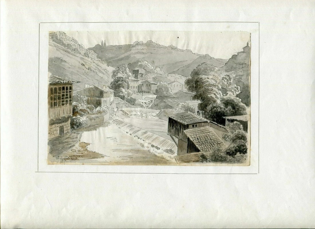 1853 Dated French Ink Drawing Thiers Landscape Antique Original - 2
