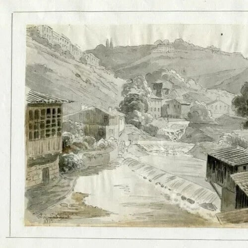 1853 Dated French Ink Drawing Thiers Landscape Antique Original - 3