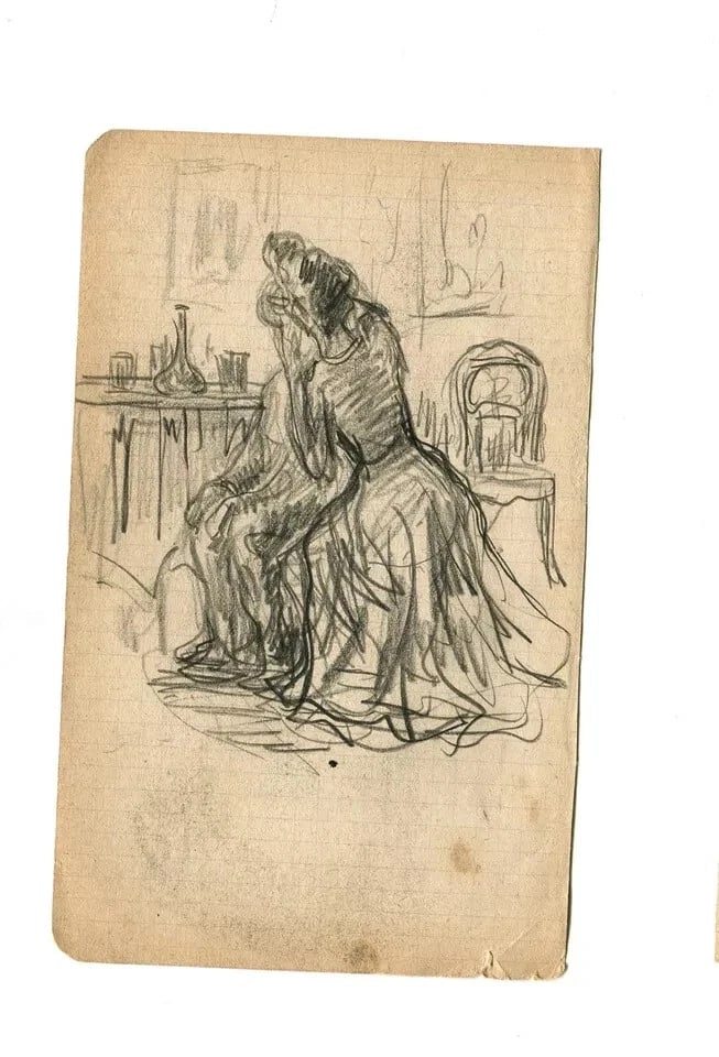 French Pencil Drawing Women Figures Sitting Signed Antique Original - 2