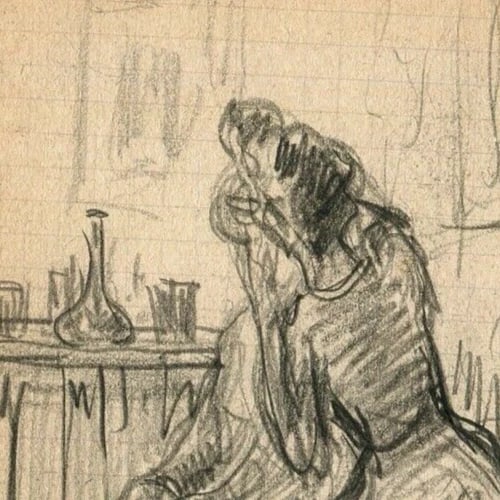 French Pencil Drawing Women Figures Sitting Signed Antique Original - 3