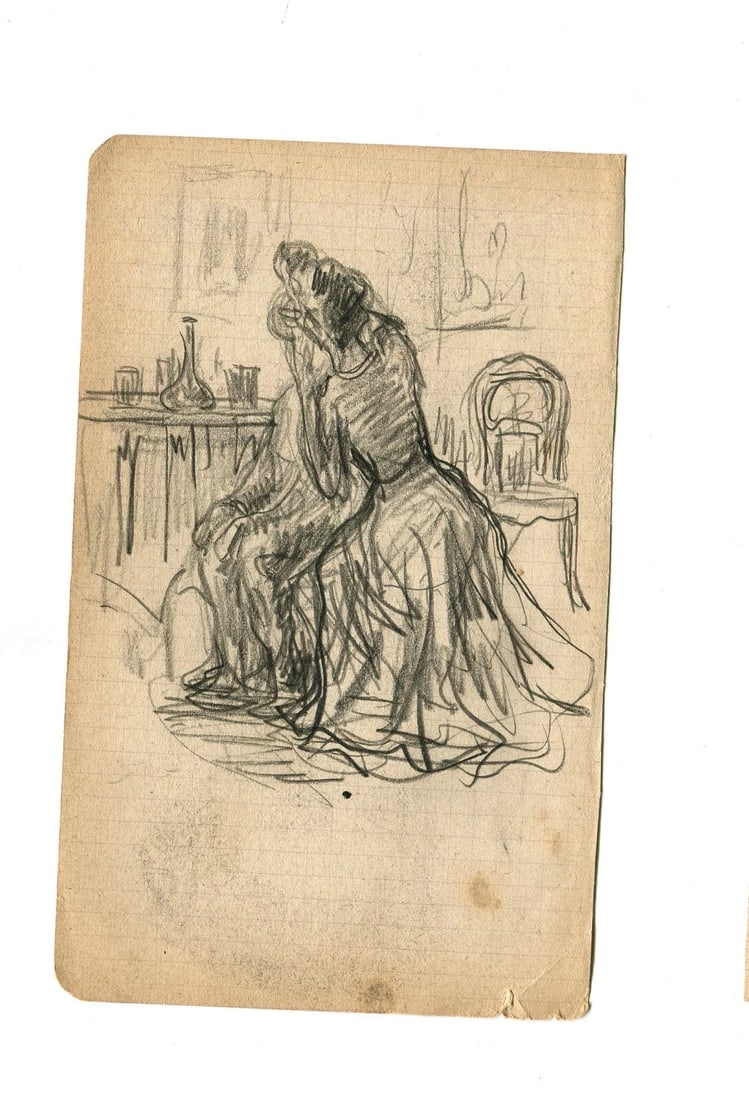 French Pencil Drawing Women Figures Sitting Signed Antique Original - 5