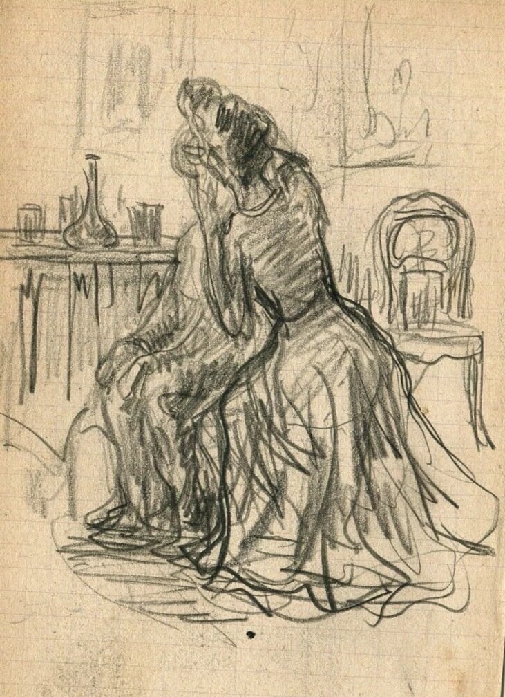 French Pencil Drawing Women Figures Sitting Signed Antique Original - 7