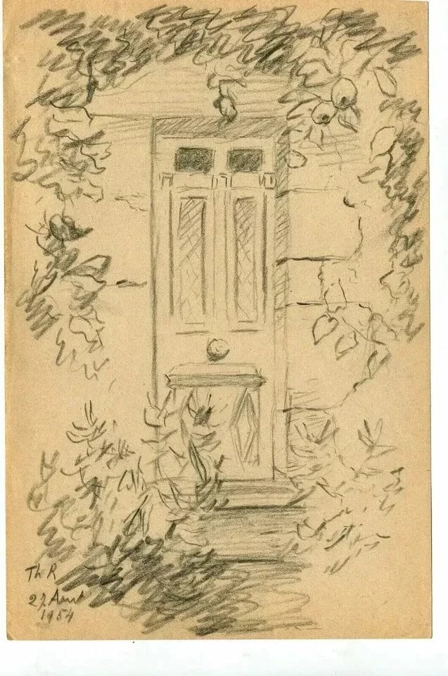 French Pencil Drawing Door, House, Landscape, Architecture - 2