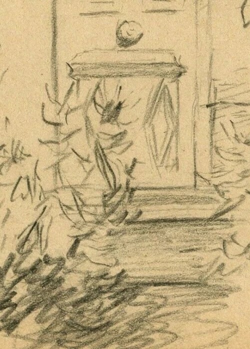 French Pencil Drawing Door, House, Landscape, Architecture - 3