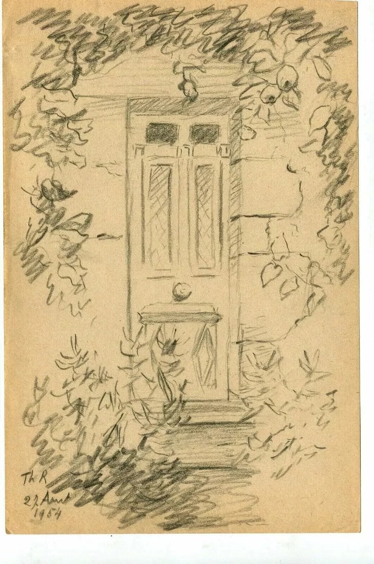 French Pencil Drawing Door, House, Landscape, Architecture - 6
