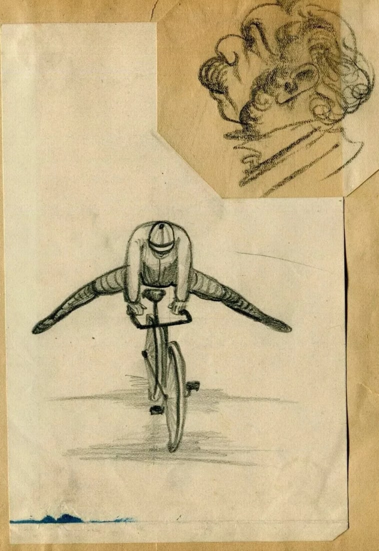 French Pencil Drawing Man Portrait on a Bike, Caricatures - Modern - 2