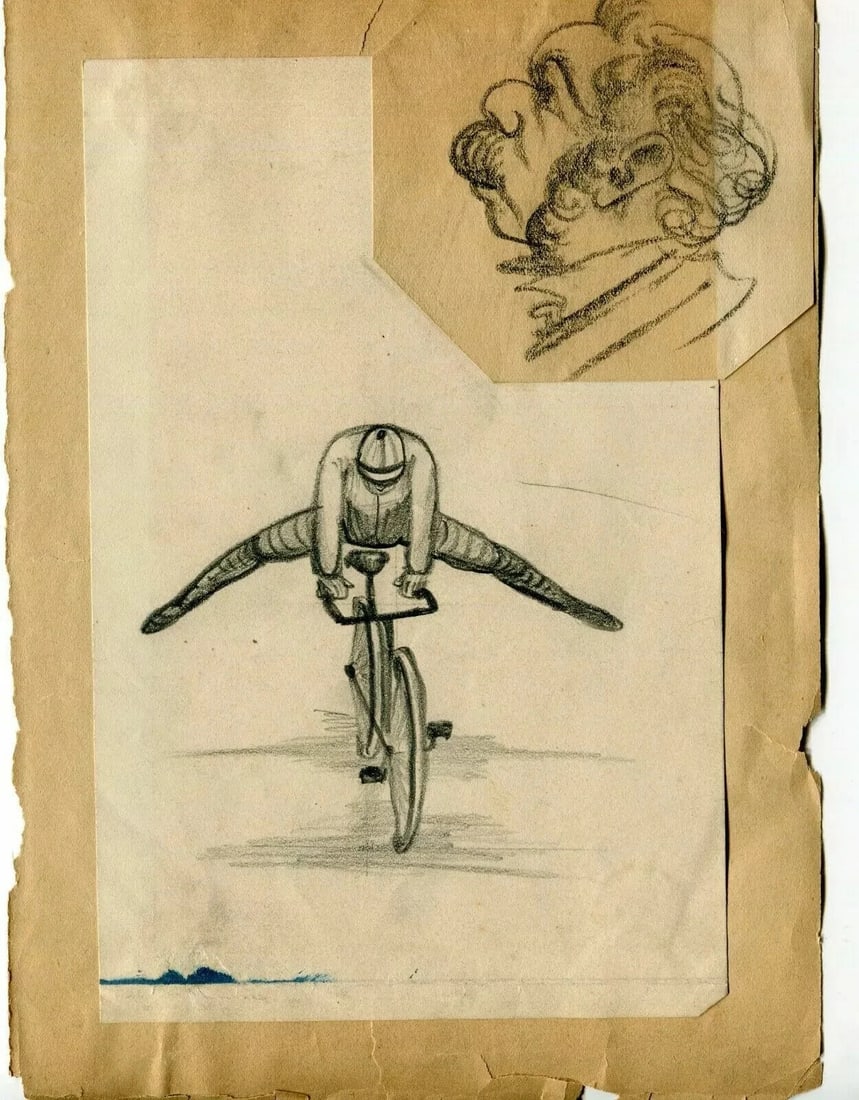 French Pencil Drawing Man Portrait on a Bike, Caricatures - Modern - 6
