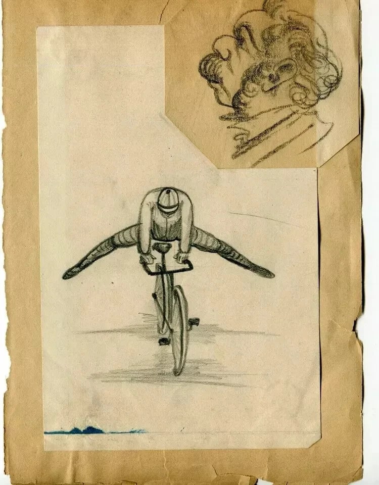 French Pencil Drawing Man Portrait on a Bike, Caricatures - Modern - 8
