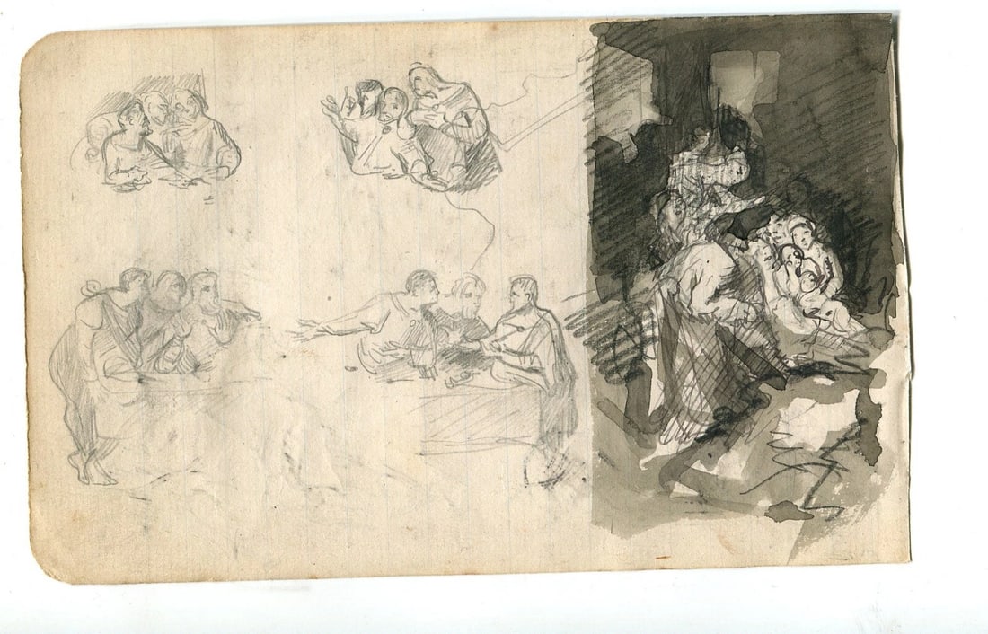 Genre Scene, Boat, Sketch Figures Drawing Vintage Ink Original - 2