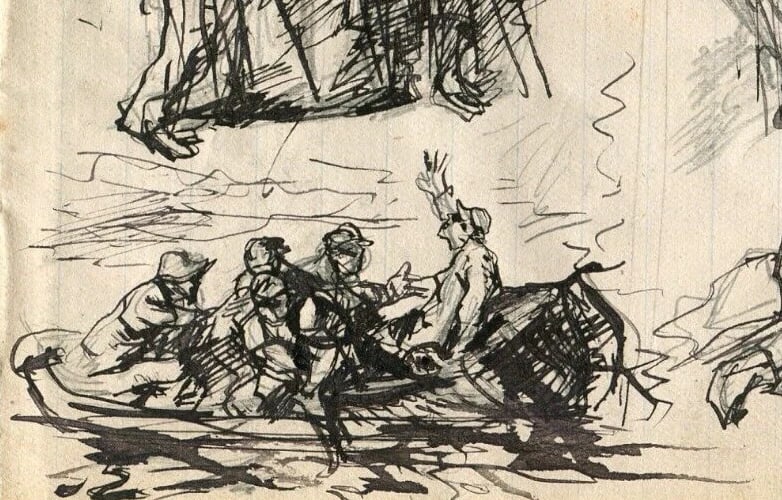 Genre Scene, Boat, Sketch Figures Drawing Vintage Ink Original - 3