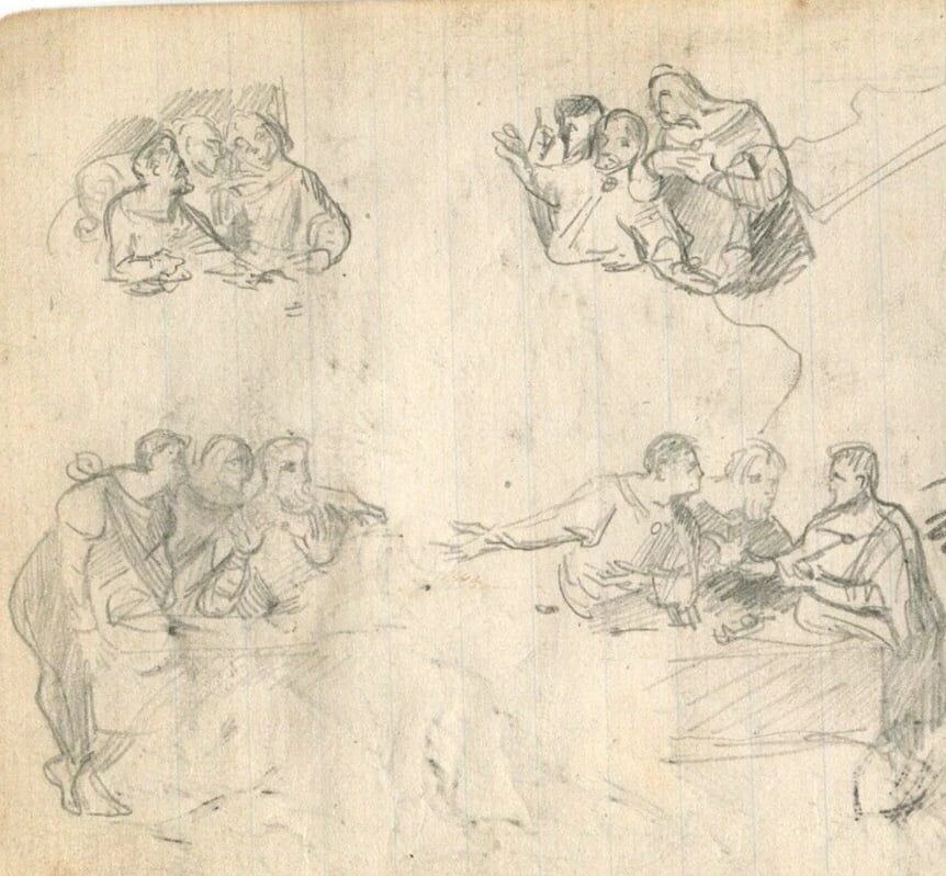 Genre Scene, Boat, Sketch Figures Drawing Vintage Ink Original - 4