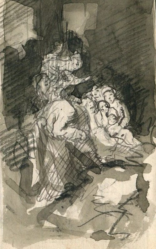 Genre Scene, Boat, Sketch Figures Drawing Vintage Ink Original - 5